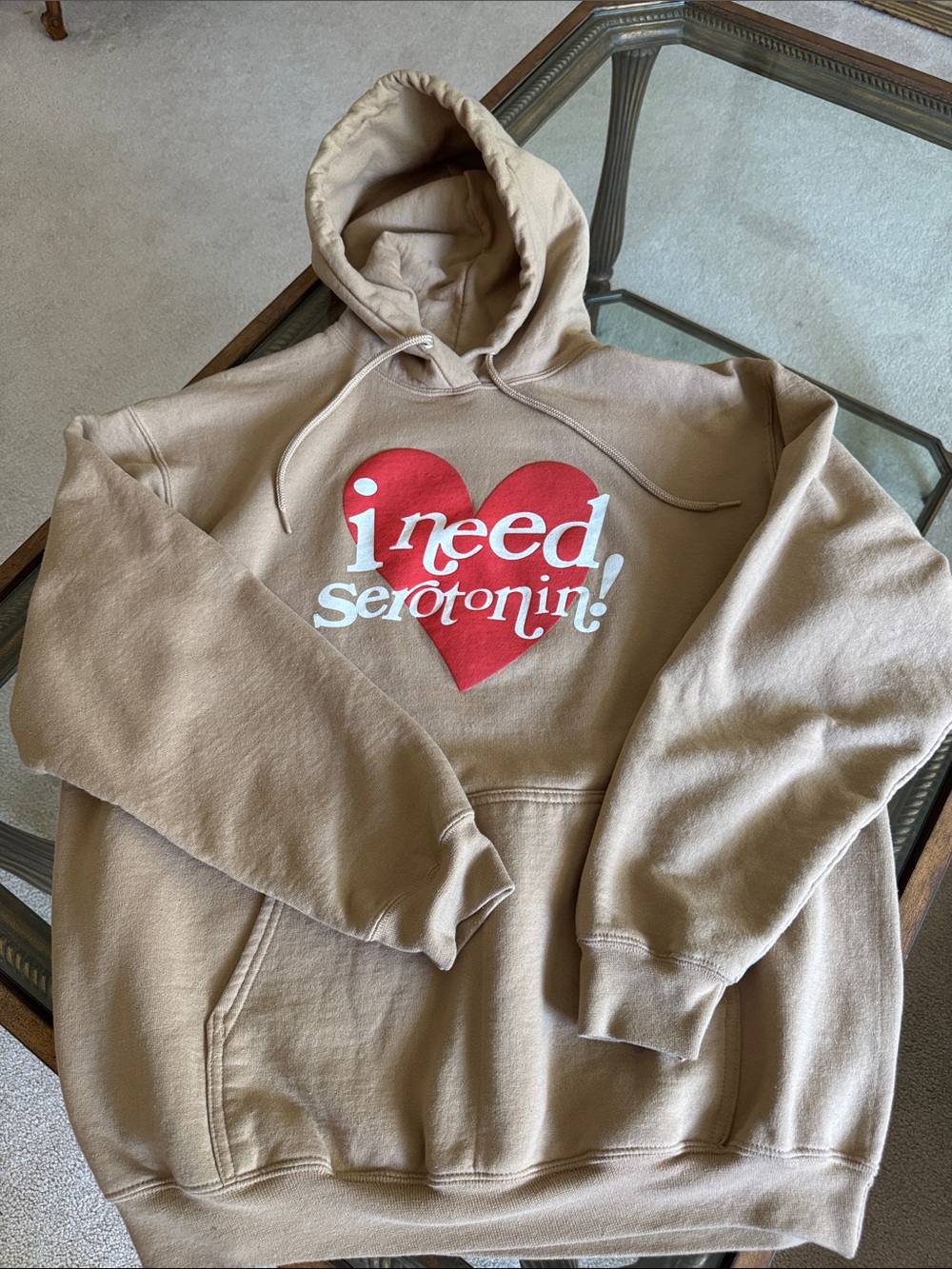 I Need Serotonin Heart Graphic Hoodie - Tan with Red & White Print